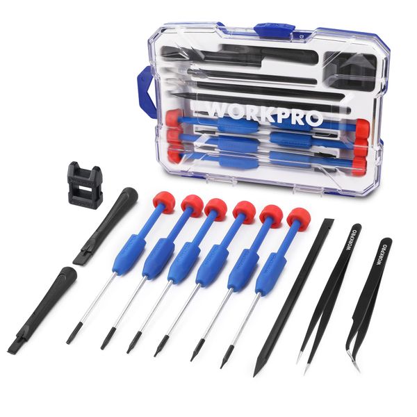 WORKPRO Precision Screwdriver Set, Torx Screwdriver, Watch Screwdriver, Magnetizer, Rotary Cap, 12-Piece Set, Tweezers, Case Opener, Replacement for Watches, Batteries, Belt, Glasses, Smartphone,