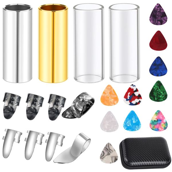 Guitar Slide, 4pcs Augshy Medium Guitar Slides(1 Stainless Steel, 1 Brass and 2 Glass), 4pcs Stainless Steel and 4pcs Plastic Thumb & Finger Picks, 10pcs Guitar Picks All in One Box Guitar Accessories