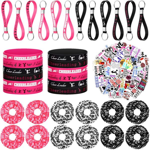 Yinder 136 Pieces Cheerleading Gifts Include 12 Cheer Scrunchies for Girl 12 Cheerleading Silicone Wristband 12 Inspirational Cheerleading Keychain 100 Cheerleading Sticker for Team Cheer Party Favor