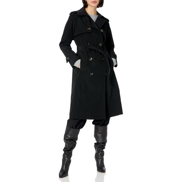 London Fog Women's Plus Size Double-Breasted 3/4 Length Belted Trench Coat, Black, 2X