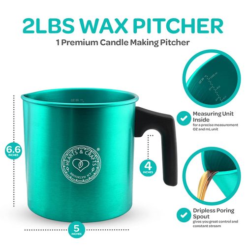 Hearts and Crafts 32oz Candle Pouring Pot - Wax Pourer for Candle Making - Aluminum Soap Melting Pot with Heat-Resistant Handle and No-Drip Spout - Holds 2 lbs Melted Wax for DIY Crafts - Teal