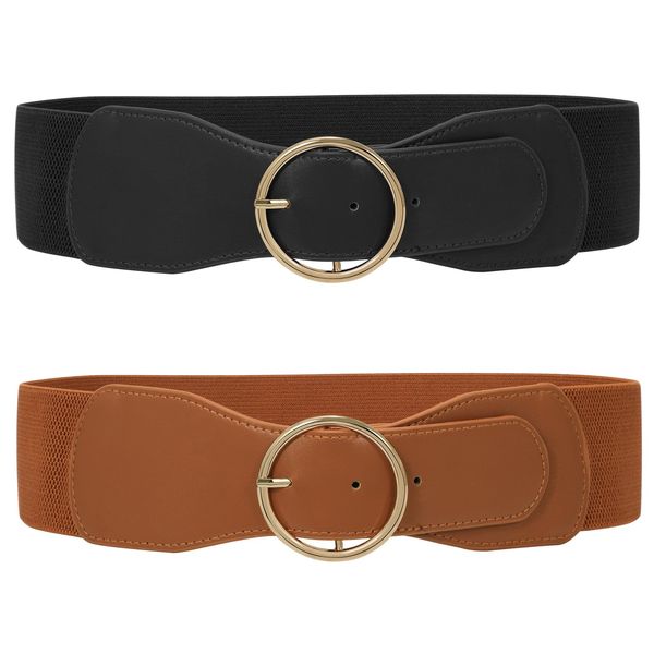 WERFORU 2 Pack Women Elastic Wide Belts for Dresses Fashion Stretchy Waist Belt with Gold O Ring Buckle Black/Brown