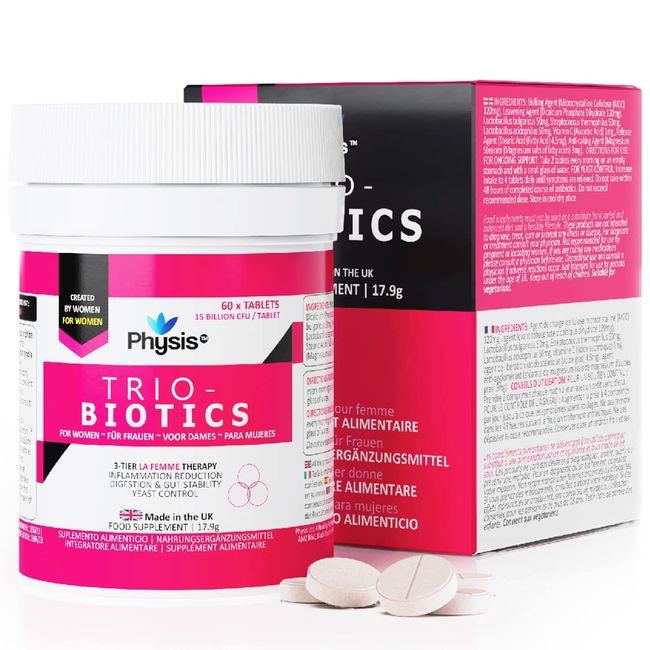 PHYSIS Oral Probiotics for Women | 60 Tablets | Thrush, Cystitis, UTI & Bacterial Vaginosis Treatment | Probiotics for Women Gut Health | 3in1 Healthy Gut Flora, Reduces Bloating & Yeast Control