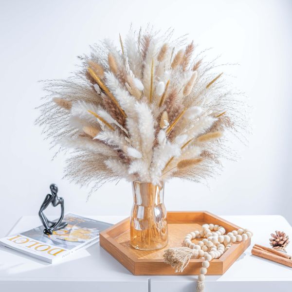 120PCS Natural Dried Pampas Grass Boho Home Decor Bouquet Phragmites Dried Flowers Bouquet for Wedding Floral Arrangements Home Decorations (120PCS)