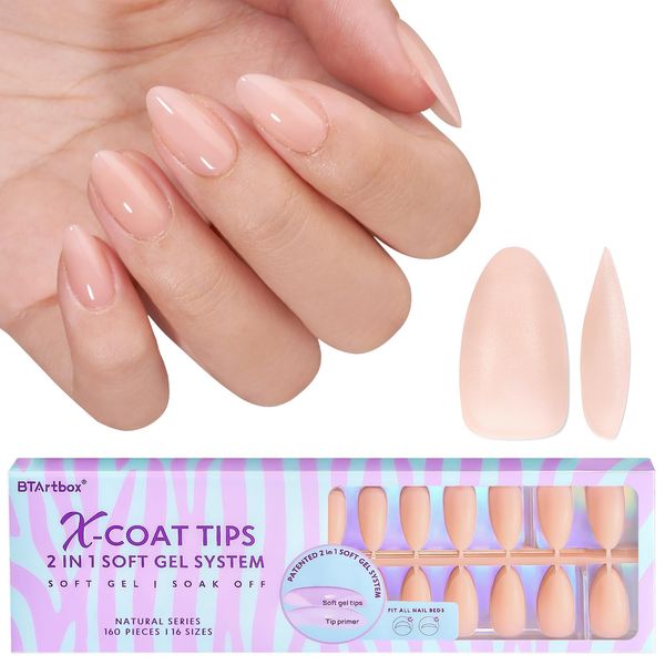 BTArtbox Short Almond Soft Gel Nail Tips Full Cover Nageltips Kurz Nagel Tips für Gelnägel, 150 Stück PRE-DESIGNED XCOATTIPS Nude Press on Nails Kurz Künstliche Fingernägel für Nail Extensions