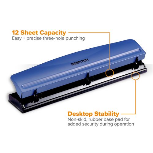 Bostitch Office Premium 3 Hole Punch, 12 Sheet Capacity, Metal, Rubber Base, Easy-Clean Tray, Silver