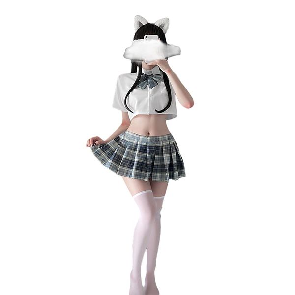 SINMIUANIME Schoolgirl Lingerie Set Sailor Uniform Dress Cosplay JK Student Wear Pleated Skirt With Socks (6914Blue White)