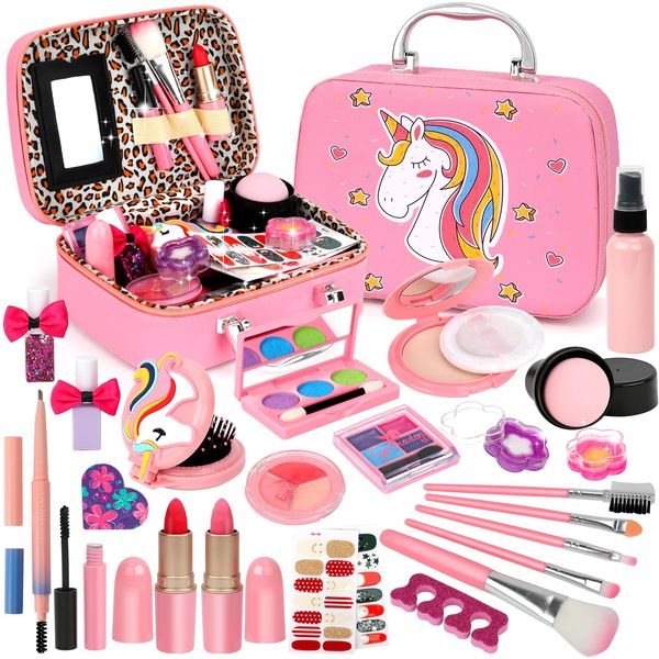 Flybay Kids Girls Makeup Kit Realistic Washable Makeup Set for Girls Kids Pretend Princess Makeup Kit Christmas Toy Pretend Play Makeup Kit Christmas Toy Present with Makeup Case for 4th 5th 6th 7th 8