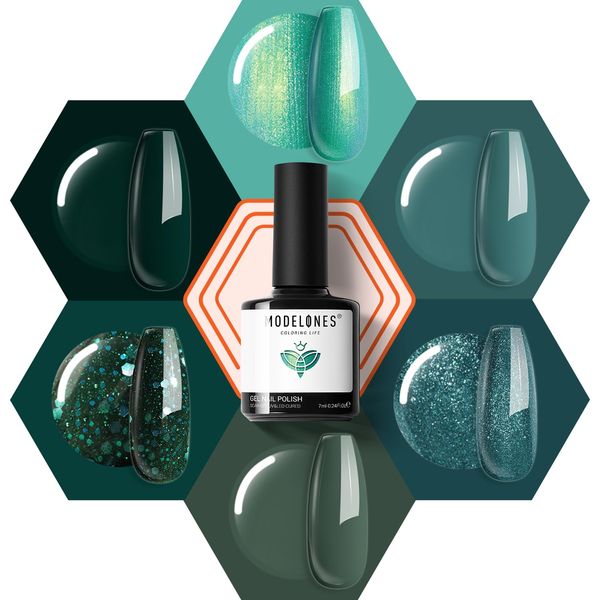 modelones Ethereal Green Gel Nail Polish Set - 6 Colors Mermaid Lagoon Gel Polish Kit Dark Green Glitter Turquoise Soak Off Gel Polish Summer Holiday Gifts Home DIY Salon for Women