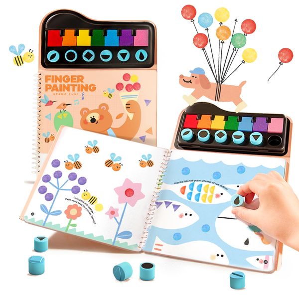 Mess Free Fingerprint Coloring Book for Kids, 7 Colors Non-Toxic Finger Painting Set with Stamps, Art Craft Supplies, Travel Activities, Gifts, 3+