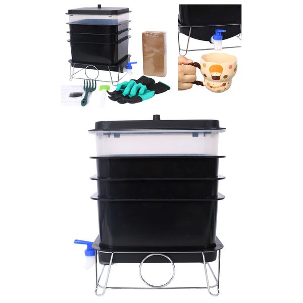 4-Tray 20L Worm Farm Composter Compost Bin Plastic for Recycling Food Waste