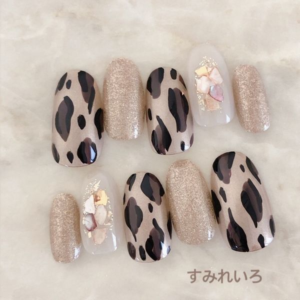 Nail tip false nails bridal nails cute short long design summer nails nail present short nails small nails large nails berry short chibi nails adult nails false nails office nails simple<br> [1739] Leopard shell brown beige tea leopard print b/s