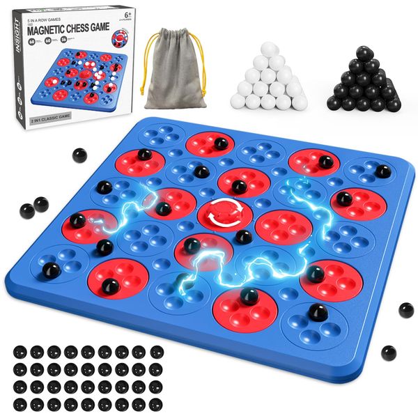 Magnetic Chess Game, Magnet Game, Magnetic Board Game for Kids Adults Family Game Night, 2 in 1 Multiplayer Magnetic Chess Game with 36 Stones & Connect-5-Piece Game, Magnetic Chess Set Gift (Blue)