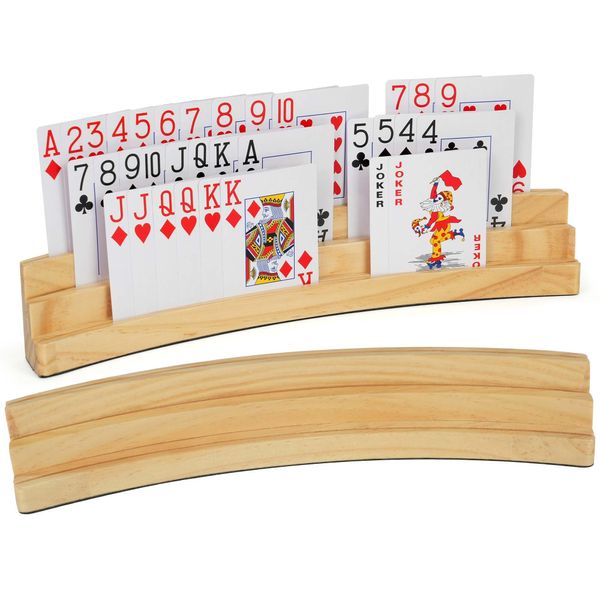 LotFancy Playing Card Holders for Kids Adults Seniors, Set of 2, 3 Tiers, Hands Free Curved Wooden Card Holder for Family Card Game Night, Canasta, Bridge, Poker Parties