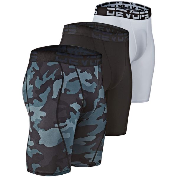 DEVOPS Men's Compression Shorts Underwear (3 Pack) (Medium, Black/Camo Black/White)