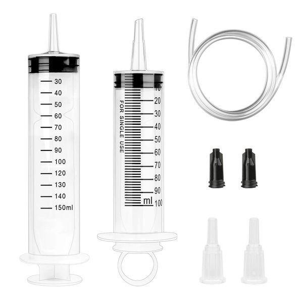 Pack of 2 Plastic Syringes 100 ml + 150 ml Curing Syringe with Hose Glue Syringe Oil Syringe Dosing Syringe for Injecting Engine Oil and Glue