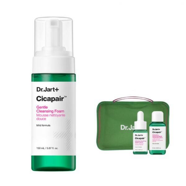 Dr. Jart Cicapair Gentle Mildly Acidic Cleansing Foam 150ml + Travel Pouch + Treatment Lotion 15ml + Serum 15ml 702339