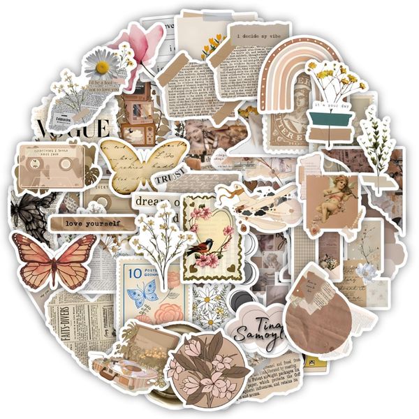 GGTTNRT 60 Stücke Vintage Sticker Aesthetic Laptop Scrapbook Stickers Set Wasserfest Aufkleber Deko für Jugendliche Erwachsener (60pcs Vintage-c)