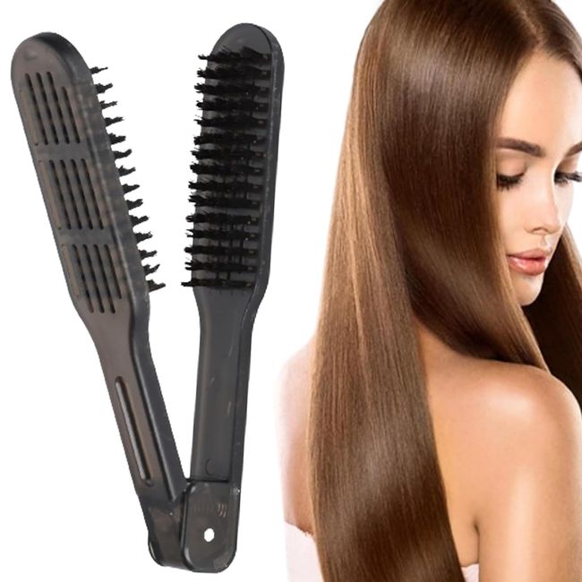 Boar Bristle Clamp Hair Brush, Double Sided Brush Clamp Straightener, Hair Styling Clips, Hair Straightening Comb Styling Tools for Smoothing and Straight Hair Styles (Black-brown)