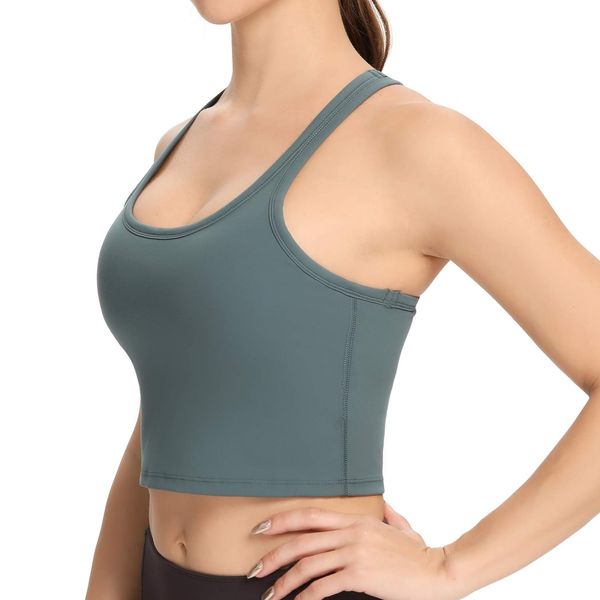 Nanomi Beauty Women Removable Padded Sports Bras Workout Running Yoga Tank Tops (Grey-Green, Small)