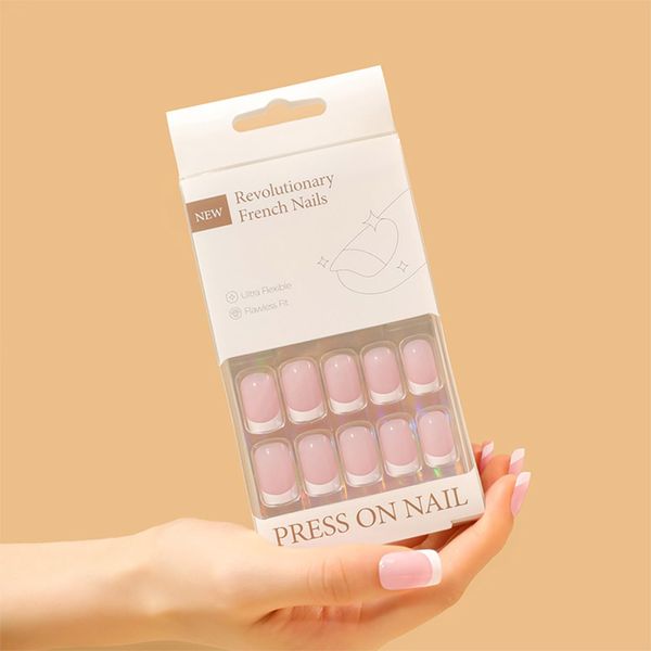 30pcs Short Square False Nails French Tip Stick on Nails White Edge Press on Nails Removable Glue-on Nails Full Cover Ballerina Fake Nails Women Brides Nail Art Accessories (Pink/White Edge)