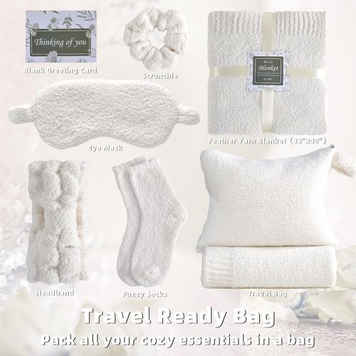 Cozy Gift Basket Care Package for Women with Blanket, Fuzzy Socks, Eye Mask, Headband Cozy Essentials - Birthday Gift Baskets Get Well Soon Gift Baskets for Women White Gifts