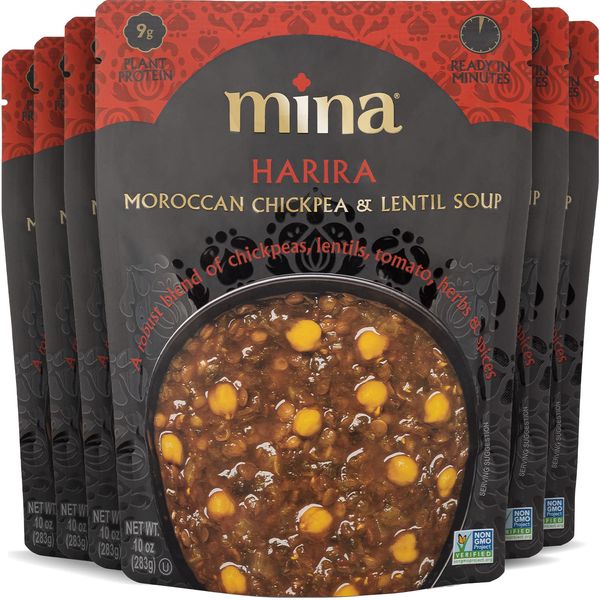 Mina Harira, Moroccan Chickpea & Lentil Soup, Ready to Eat, Soup High In Plant Based Protein, Vegan, Non-GMO, Gluten Free, Kosher, Microwavable, Packaged Meals & Side Dishes, 10 oz (Pack of 6)