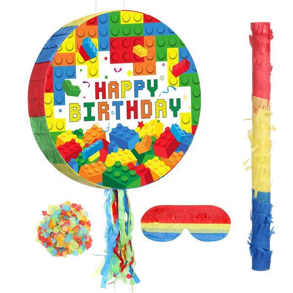 Building Blocks Piñata Set Happy Birthday Block Party Supplies Fiesta Piñata Bundle with Blindfold Bat Stick and Confetti Tassel Piñata for Kids Blocks Theme Birthday Carnival Party Event Decoration