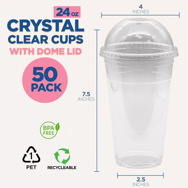 Fit Meal Prep [50 Pack] 20 oz Clear Plastic Cups with Dome Lids