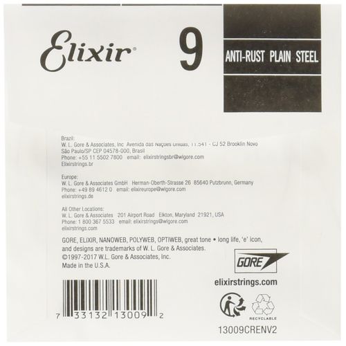 Elixir Plain Steel .009 #13009 Rose String for Electric Guitar/Acoustic Guitar, Set of 4