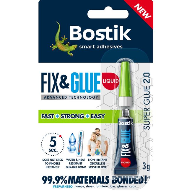 Bostik Fix & Glue Liquid, Ultra-Strong, Fast-Setting Super Glue, Bonds 99.9% of Materials, Solvent Free, 3g Tube