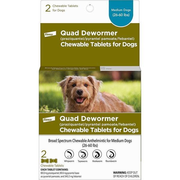 Chewable Quad Dewormer for Medium Dogs, 26-60 lbs, 2 chewable tablets