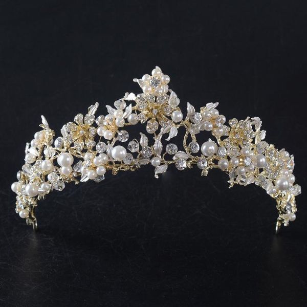 FXmimior Vintage Gold Flower Bead Bridal Wedding Crown Headband Women Crystal Tiara Headpiece Wedding Hair Accessories