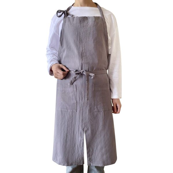 Hongmai Women's Men's, Flax, Fashionable, Cute, Nursery Teacher, Solid Color, With Pockets, Stylish, Front Tie, Cafe, Cooking Class, Kitchen, Linen Apron (Black, Gray), gray