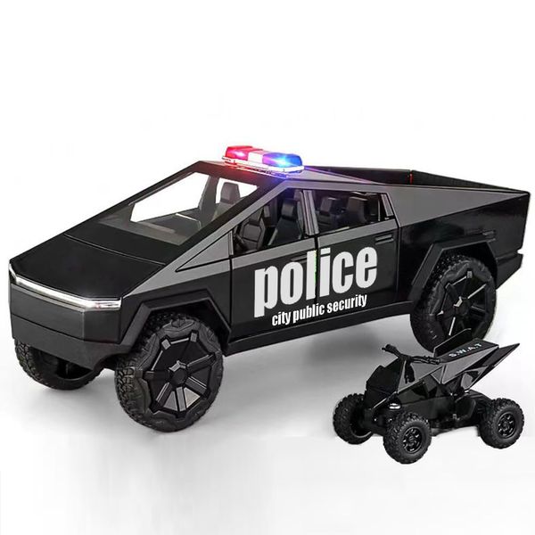 Cybertruck Toy Trucks Police Car with Cyberquad Alloy Diecast Metal Model Pickup Truck 1/32 Race Car with Sound and Light Effect Gift Age for 6 Year Up (Police-B)