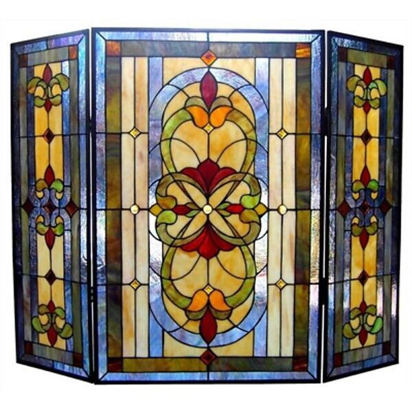 Tiffany Style Stained Glass Victorian Folding Fireplace Screen   ONE THIS PRICE