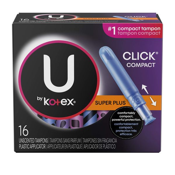 U by Kotex Click Compact Tampons, Super Absorbency, Unscented, 16 CT (Pack of 2)