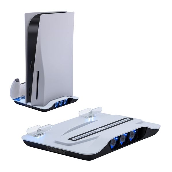 Mcbazel Vertical PS5 Console Cooling Charger Station,Multifunctional Blue Light LED Cooling Stand with Dual Fast Controller Charging Dock for Playstation 5 Console- White(Not for PS5 Slim)