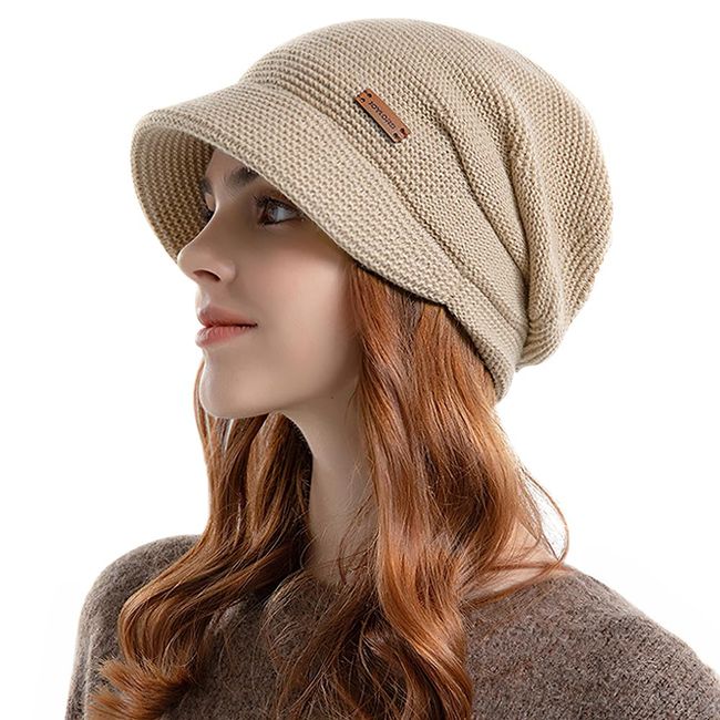 SIVAN Knit Hat, Women's, Autumn and Winter, Classic Knit Hat with Brim, Brushed Lining, Double Thermal Insulation, Skin-friendly, Cold Protection, Windproof, Thermal, Soft, Zero Tightness, Small Face Effect, Breathable, Fluffy Hat, Knit Cap, Care Hat, Sol