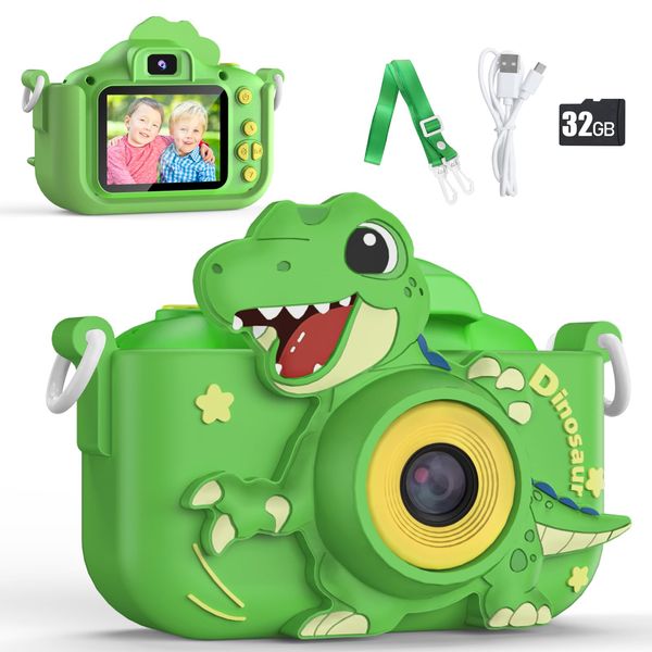 Upgraded 48MP Kids Camera for Girls Boys 3-12, Video Selfie Camera-Christmas Birthday Dinosaur Gift for Toddler, HD Digital Camera Toy for Child with 32GB SD Card & Silicone Cover (Green)