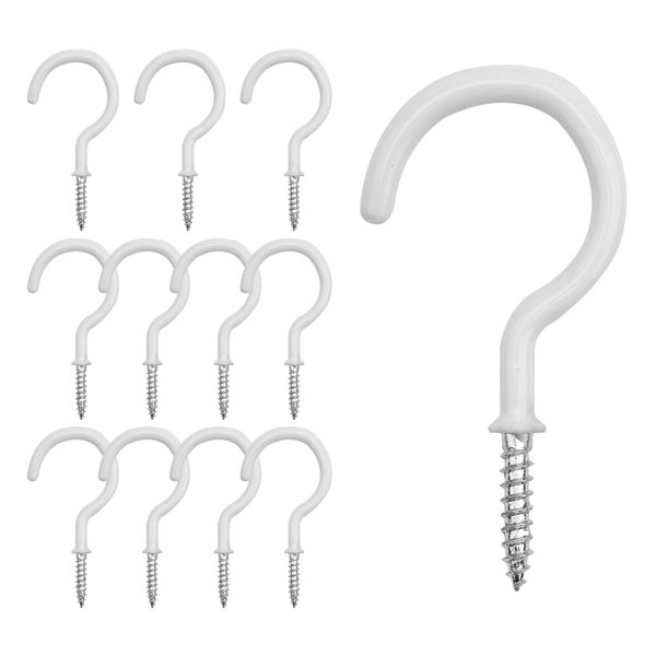 KINGLAKE 12 Pcs 2 Inch White Mug Cup Hooks Screw in Hooks Plastic Coated Ceiling Hooks Vinyl Utility Hooks for Wood, Under Cupboard, Cabinet Shelf, Hanging Plant and Kitchen Utensils