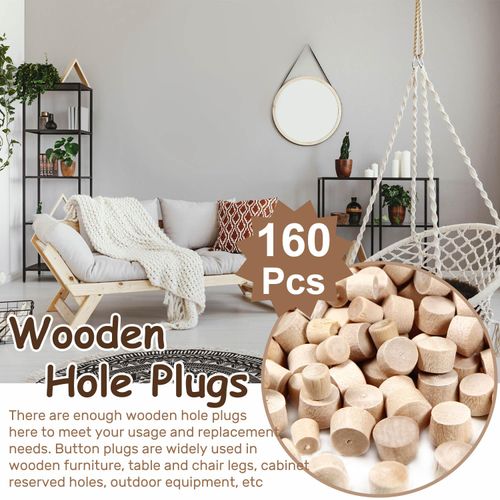 MroMax 160Pcs Round Wood Plugs 4 Sizes Screw Hole Plugs 3/16 Inch, 5/16 Inch, 3/8 Inch, 1/2 Inch Wooden Button Plugs Round-Head Screw Covers Wood Caps for Furniture Decoration Woodworking