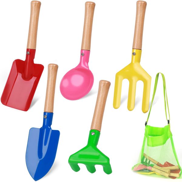 MCPINKY 6PCS Gardening Tools for Kids, Beach Toys for Kids Safe Beach Sand Toys Set with Bag Gardening Equipment Spoon Trowel Rake Shovel for Children