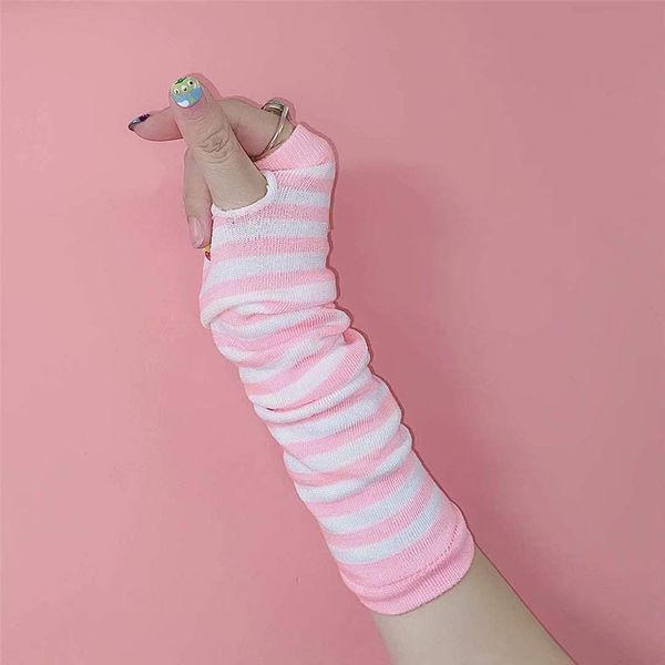 CENAST Women Long Fingerless Gloves Knitted Arm Warmers Thumbhole Stretchy Gloves Pink White