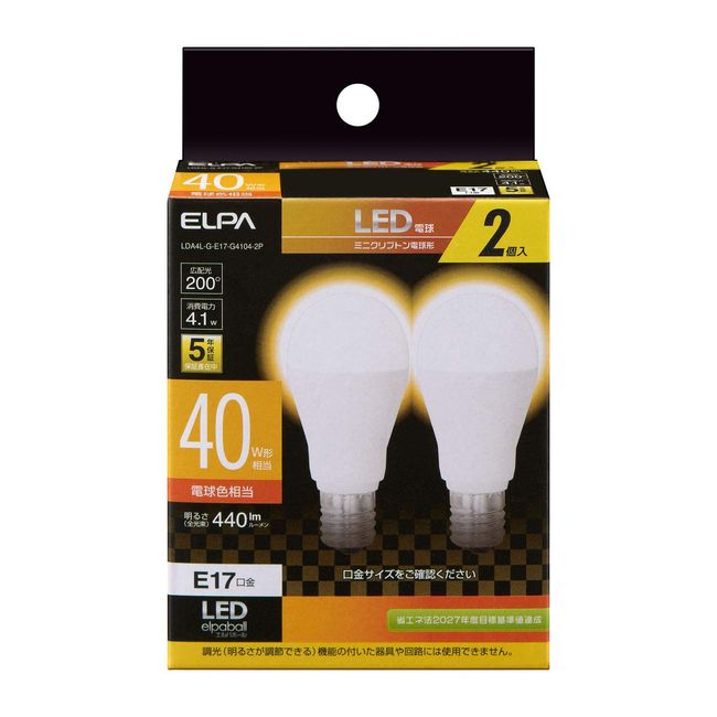 ELPA LDA4L-G-E17-G4104-2P LED Light Bulb Mini Krypton Shape E17 Bulb Color Equivalent, Indoor Use, Pack of 2