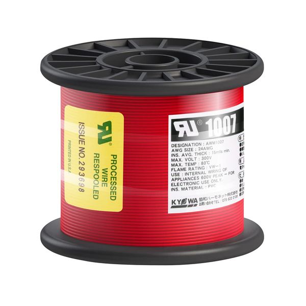 Kyowa Harmonet UL1007 AWG24 Heat Resistant Vinyl Insulated Wire, Reel Wind, 322.8 ft (100 m), Red