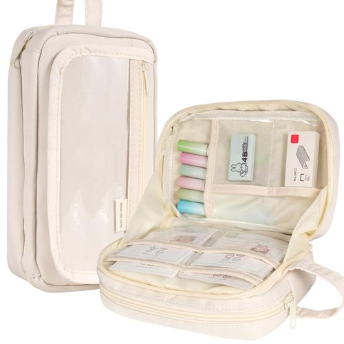 Zmains Big Capacity Pencil Case Large Pencil Pouch Pen Bag Pencil Box Holder Organizer Simple Storage Aesthetic Cosmetic for Men Women Office Essentials (Beige)
