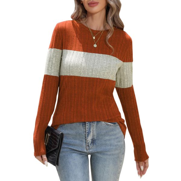 Cnlinkco Women Long Sleeve Blouses Colorblock Pullover Sweaters Round Neck Striped Slim Fit Tops PAT1 XL