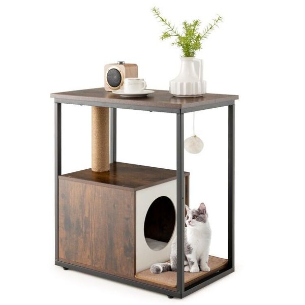 Cat Furniture End Side Table Pet Activity House W/ Scratching Post & Large Condo