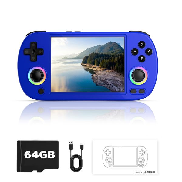 RG40XX H Retro Handheld Game Console,4.0 Inch IPS Screen Built-in 64GB TF Card Linux ystem Games Consoles,with RGB Colorful Joystick Lighting,Portable Casual Game Console 5500+Classic Games(Blue)